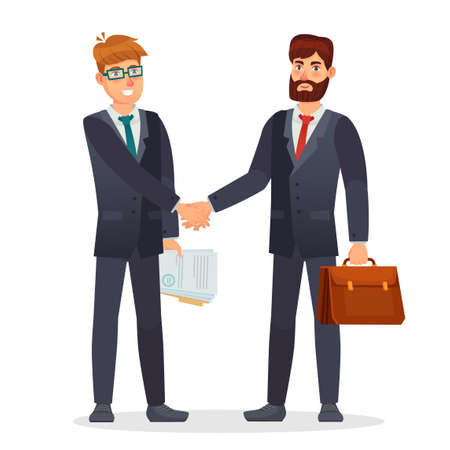 Business people shaking hands. Partners making deal, having contract agreement. Document signing for money investment. Business meeting. Characters holding briefcase and documents vector illustrationのイラスト素材