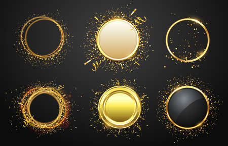 Golden frames with confetti. Glaring and shining borders in luxury style. Empty space for text. Modern circle frame with gold tapes isolated set for advertisement vector illustrationのイラスト素材