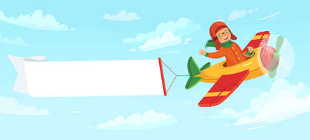 Kid on airplane with banner. Child pilot flying in plane among clouds in sky. Little boy having flight with empty banner with place for text. Aviation transportation vector illustrationのイラスト素材