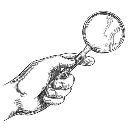 Engraved hand holding magnifying glass. Retro hand drawn detective magnifier, search sketch and antique loupe vector illustration. Male hand holding vintage equipment tool with glass for enlargingのイラスト素材