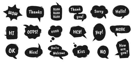 Textured speech bubble. Doodle drawn balloons with chat dialog words for online message comments vintage talk stickers vector set with phrases as thank you, sorry, hello, kiss for communicationのイラスト素材