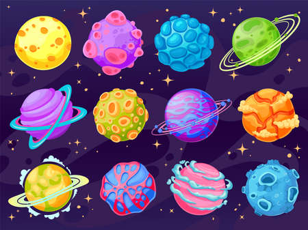 Fantasy cartoon planets. Multicolor cosmic planet objects for game design, fantastic galaxy world space universe ui vector isolated set.のイラスト素材