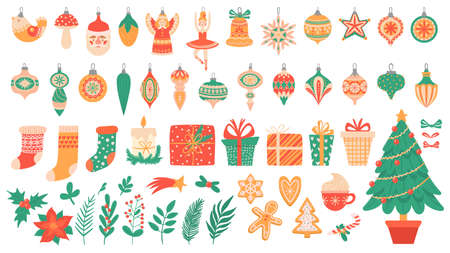 Christmas flat elements. Festive trees with toys and garlands, gingerbread, xmas socks and gift box colorful New Year vector decoration. Plants holly berry fir tree branch. Candy cane, hot chocolateのイラスト素材