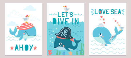 Whale card. Cute marine animals blue whales, happy orca for baby shower design, childrens clothes print, invitation cards vector set. Aquatic creatures in pirate hat, narwhal with seagullのイラスト素材