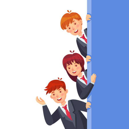 Business people look out. Characters woman and man standing at wall, children look together, school child vector illustrationのイラスト素材