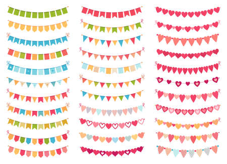 Bunting flags collection for decoration party, celebration birthday or festival, carnival event hanging banner. Vector illustrationのイラスト素材