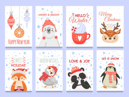 Cute animals christmas cards. Vector christmas winter, holiday decoration with animals bear fox and owl illustrationのイラスト素材