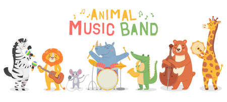 Animal musicians characters. Funny animals play musical instruments, musicians with guitar, sax and maracas, violin kids cartoon vector set. Iillustration musician animal, character with instrumentのイラスト素材