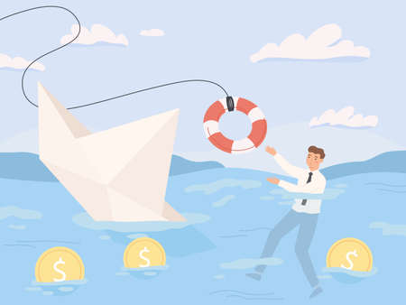 Bankruptcy business. Financial rescue, sinking business in crisis and economic risks. Economy recession loan payback problems vector illustration. Crisis and bankruptcy, financial help and rescueのイラスト素材