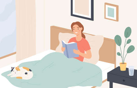 Woman reading in bed. Young girl reads book and relaxes on sofa. Lazy home rest, reading literature before sleeping, flat vector concept. Girl young in comfort bed with book and cat illustrationのイラスト素材