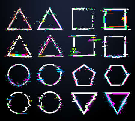 Glitch white frames. Distorted circle, square and triangle and polygonal shapes. Tv distortion abstract geometry figures with digital noise defect. Crash logo icon vector illustrationのイラスト素材