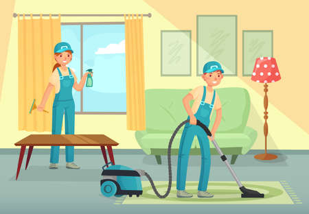 Professional cleaning workers cleaning living room. Man and woman characters, cleaning company staff vacuuming carpet, washing windows. People in uniform with tools vector illustrationのイラスト素材