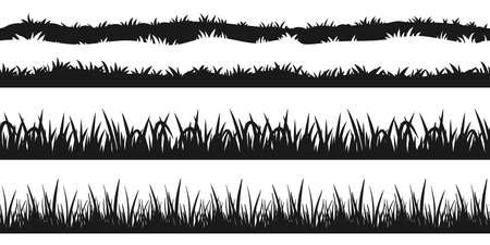 Seamless grass border silhouette. Tuft line set isolated on white background. Nature element for lawn or meadow design. Black plant border collection for landscape vector illustrationのイラスト素材