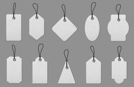 Price label tag cards. Realistic white shopping labels with ropes, hanging tags for marking pricing, vintage paper label mockup vector set. Empty template for gift box or luggage of various shapeのイラスト素材