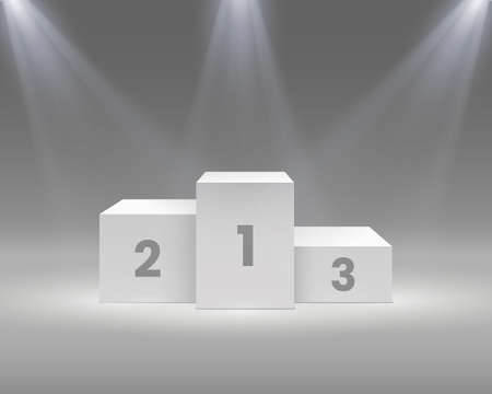 Winner podium. White pedestal with spotlights, empty stage for award ceremony winners, sport victory, realistic vector illustration. Getting trophy for first, second and third placeのイラスト素材