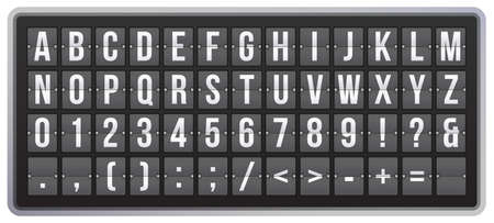 Realistic scoreboard flip font. Latin alphabet, numbers and symbols on panel. Mechanical scoreboard for arrival and departure airport signs, railway station. Abc typography vector illustrationのイラスト素材
