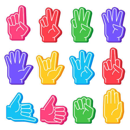 Foam fingers. Sports fan hand with different gesture. Numbers, ok sign and fist, open palm. Stadium team support victory souvenir vector set. Cheering favorite sport team, thumb up and rude signのイラスト素材