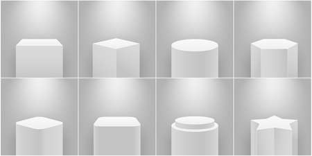 Museum stage. Empty product pedestal, white column. Platform for exhibition, expo podium and spotlight 3d realistic isolated vector set. Gallery geometric stands of different shape for exhibitsのイラスト素材