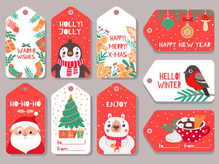 Christmas tag. Winter holiday xmas gift labels with cute characters santa, bear and bullfinch, penguin and festive lettering vector set. Fir tree with present boxes, cocoa with marshmallowのイラスト素材