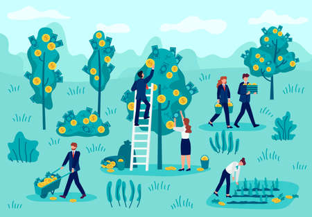 Investment concept. Businessman picking cash, financial profit, money revenue, return capital strategy, investment income vector concept. Workers gathering banknotes from tree and bushのイラスト素材