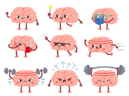 Brain characters. Happy brains in different poses and emotions, mental exercise, education metaphor creative mascot icons cartoon vector set. Having idea, reading book, drinking coffee, doing sportのイラスト素材
