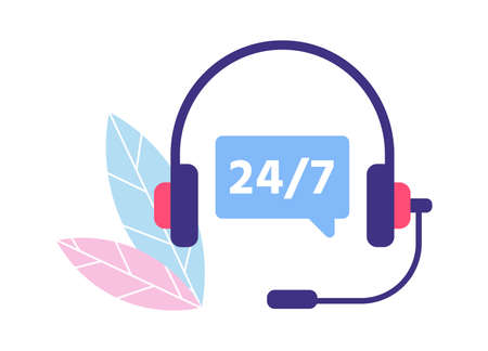 Customer service support. 24 7 personal assistant. Headphones symbol for operator. Consulting clients online, providing help on hotline call. Contact technical symbol vector illustrationのイラスト素材