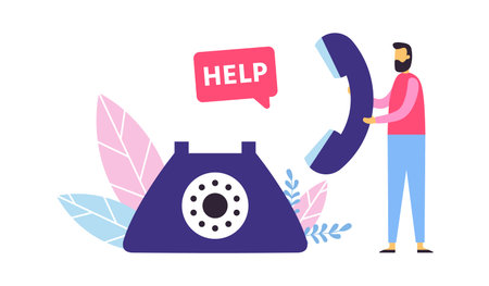 Customer support. Call center concept. Man operator holding landline to provide help to clients. Personal assistance and hotline agent. Communication and consulting vector illustrationのイラスト素材