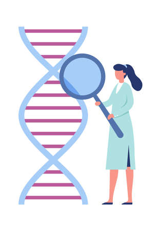 DNA genetic engineering. Laboratory research biotechnology concept. Woman medical or laboratory worker holding magnifier glass and checking dna wireframe structure vector illustrationのイラスト素材