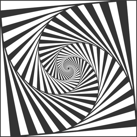 Optical spiral illusion. Black and white alternating strips creating hypnotic effect, vertigo...