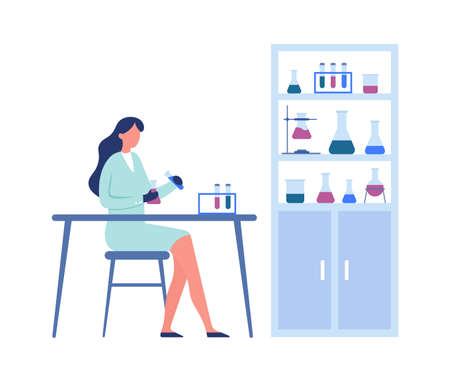 Science laboratory. Professional scientific research. Woman medical worker in uniform holding tubes and flasks and sitting at table, shelves with containers for experiments vector illustrationのイラスト素材
