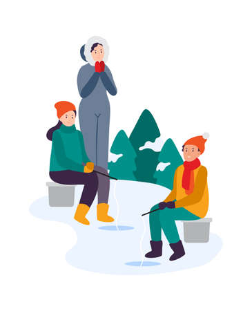 Winter activities. Family fishing together. Anglers fishing on iced pond. Girl and boy sitting on chair with rod and catching fich in hole. Characters wearing warm clothing, winter hobby vectorのイラスト素材