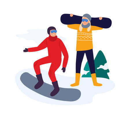 Winter activities. Friends with snowboard having active leisure. Couple leading healthy lifestyle, exercising, doing sport. Young man and woman on snowboarding resort vector illustrationのイラスト素材