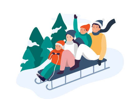 Winter activities. Happy family riding sledge down hill near snowy fir trees. Parents with kids riding sledding slide. Spending time actively and funny together on nature vector illustrationのイラスト素材