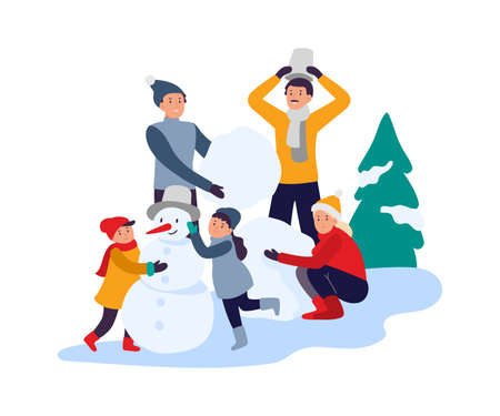 Winter activities. Happy family making snowman. Parents with children spending time in snowy park. Active recreation, leisure on vacation. Winter holidays and fun vector illustrationのイラスト素材