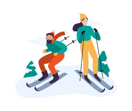 Winter activities. People skiing. Couple spending time together actively outdoor, having leisure. Man and woman in winter clothing with equipment. Family holiday vacation vector illustrationのイラスト素材
