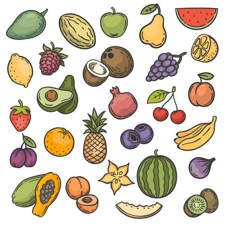 Sketch fruits. Hand drawn color fruits apple, orange and lemon, banana and kiwi, cherry and berries vegan natural food doodle vector set. Apple and banana, pineapple and orange sketch illustrationのイラスト素材