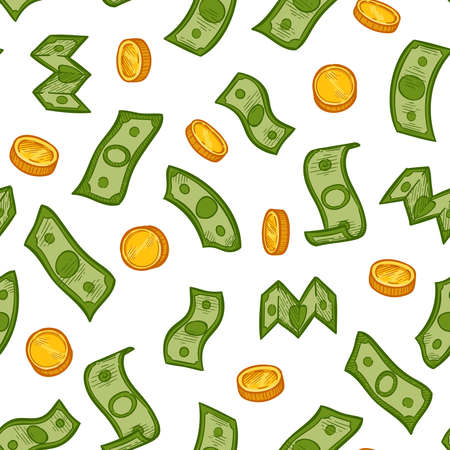 Money rain pattern. Green dollar banknotes and gold coins falling down. Financial crisis, recession business seamless vector texture. Money finance cash rain pattern, dollar and coins illustrationのイラスト素材