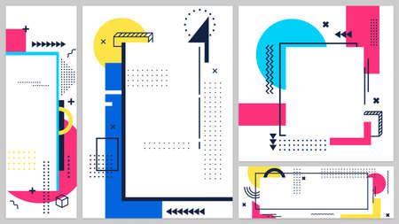 Memphis banners cover art line, 80s and 90s banner poster, modern design geometric shape, abstract graphic hipster trendy, vector illustrationのイラスト素材