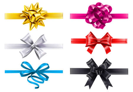 Realistic ribbons with bows. Vector bow decoration, birthday gift knot made form satin for christmas illustrationのイラスト素材