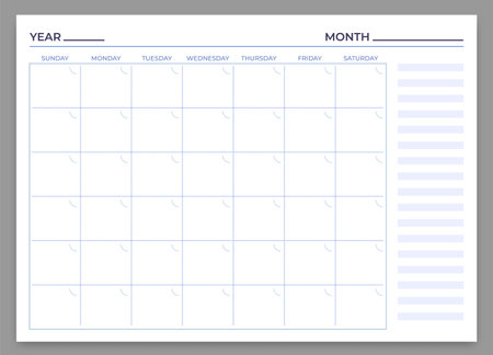 Monthly planner template. Vector month and week plan, calendar daily, time weekly stationery print to work illustrationのイラスト素材