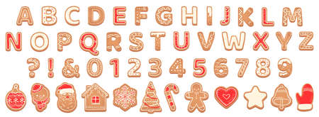 Gingerbread alphabet. christmas cookies and biscuit letters for xmas holiday message. pastry gingerbread english childish font Vector set abc christmas, sweet typeface gingerbread illustrationのイラスト素材