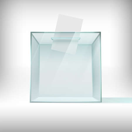 Ballot box. Glass transparent voting container with falling ballot paper. Survey plastic case, usa 2020 president election 3d vector concept. Container for poll, transparent glass box illustrationのイラスト素材