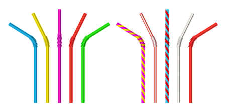 Drinking straw. Realistic classic plastic striped and colorful direct and bended drinking straws isolated objects 3d vector illustration set. Realistic pipe straw bend for cocktail or juiceのイラスト素材