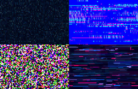 Futuristic neon glitch seamless pattern. TV pixel noise on television screen. Distorted signal with light bug effects set. Glitched tech lines and video snow interference vector illustrationのイラスト素材