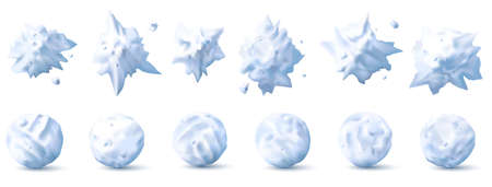 Snowball 3d. Snow splats, splashes and round white snowballs collection for kids winter fights realistic vector set. Christmas, new year holiday for children game, isolated objectsのイラスト素材
