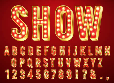Gold bulb light font. Glowing retro alphabet letter, numbers and marks collection with shiny bright lights. ABC design on dark red background for cinema, broadway and night club vector illustrationのイラスト素材