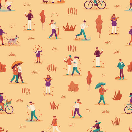 Autumn people seamless pattern. Men, women and child enjoying fall season, walk with umbrella and pets in park, ride bike vector background. Couple drinking coffee or tea, gathering leavesのイラスト素材