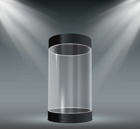 Glass cylinder showcase. Transparent plastic case, empty product or museum display with spotlights. Exhibition stand for exhibit vector. Capsule with illumination. Safety containerのイラスト素材