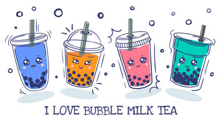 Bubble tea. Plastic cup with cute emotions smile characters and pearl milk tea, green, coffee and fruit tea with balls, asian drink cartoon vector set. Colorful beverage with adorable facesのイラスト素材