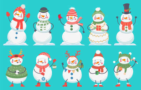 Snowman. Cute christmas snowmen in winter clothes, hats and scarf. Happy xmas vector cartoon characters with gift boxes, new year decoration as balls, colorful flags, coffee cup and candy caneのイラスト素材